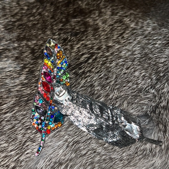 Large Feather Rhinestone Earrings • nickel free post • handmade colorful earring - Picture 3 of 4